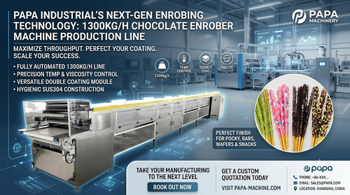最新の企業ニュース Papa Industrial Launches High-Capacity 1300kg/h Double Coating Chocolate Enrober Machine Line